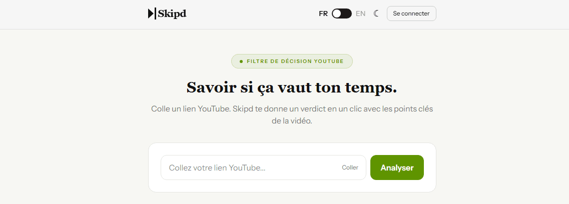 Skipd public home page in light theme with its YouTube link field and Analyze button